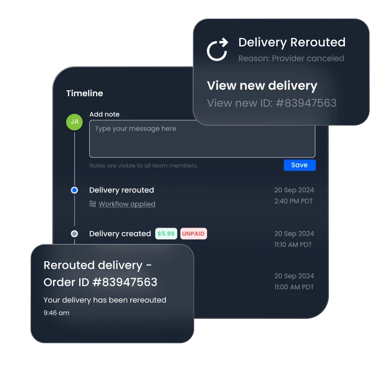 Burq platform UI displaying delivery rerouting functionality and a detailed timeline, highlighting real-time updates and streamlined logistics management.