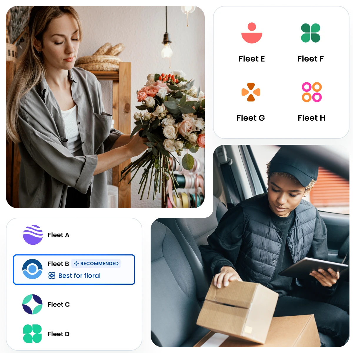 Composite image featuring Burq's platform UI for selecting the best delivery provider, a merchant arranging flowers in a floral shop, and a delivery provider in a car with a package, showcasing Burq's tailored solutions for efficient delivery and industry-specific needs.
