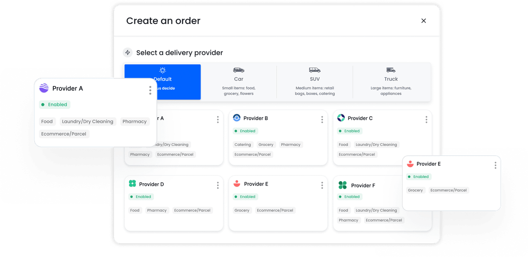 Burq platform UI showing the process of creating a delivery order and selecting the best provider based on customizable criteria for efficiency and cost optimization.