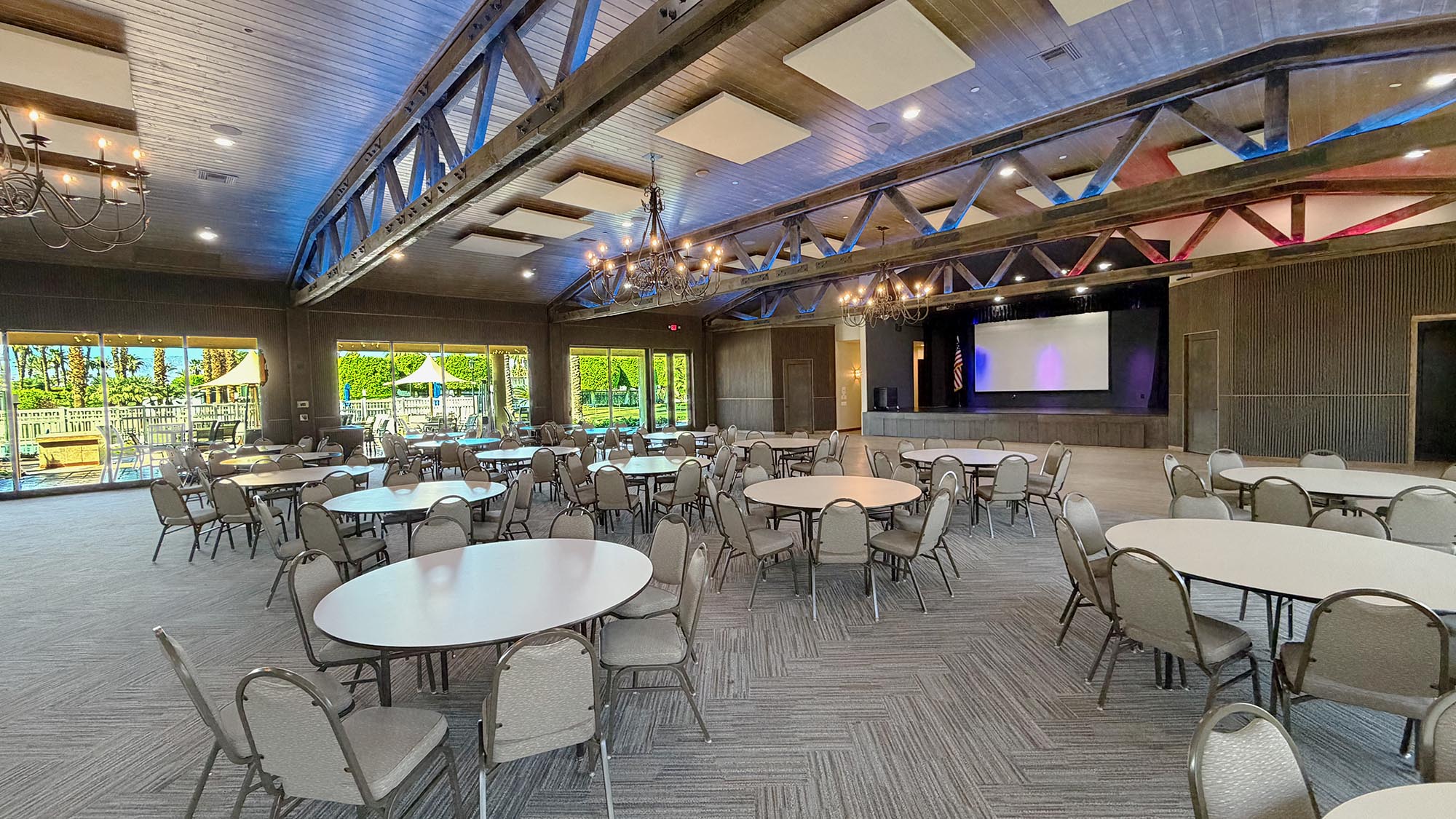 The clubhouse at Outdoor Resort Indio decorated in red, white, and blue for a Veterans Day event