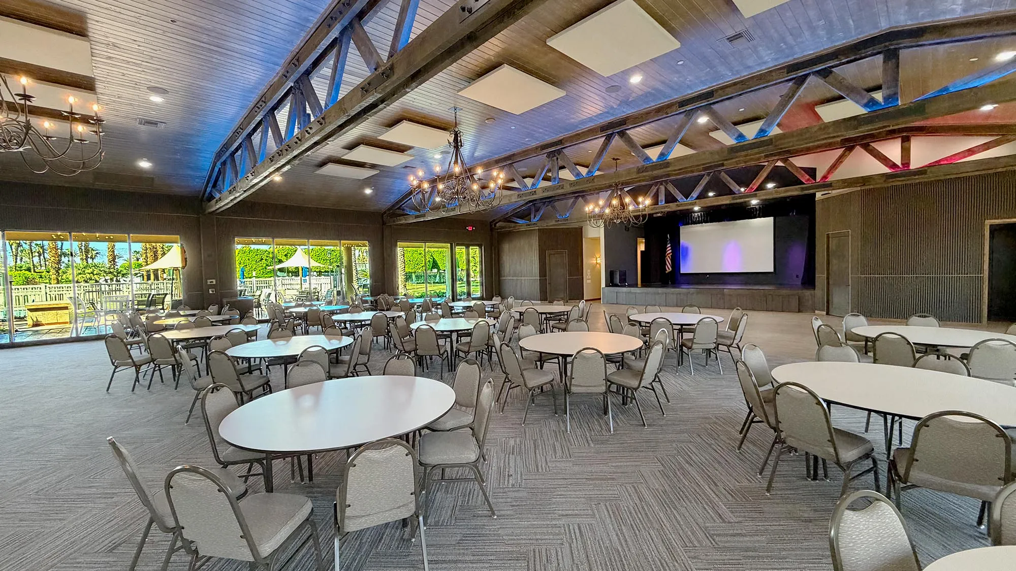 The clubhouse at Outdoor Resort Indio decorated in red, white, and blue for a Veterans Day event