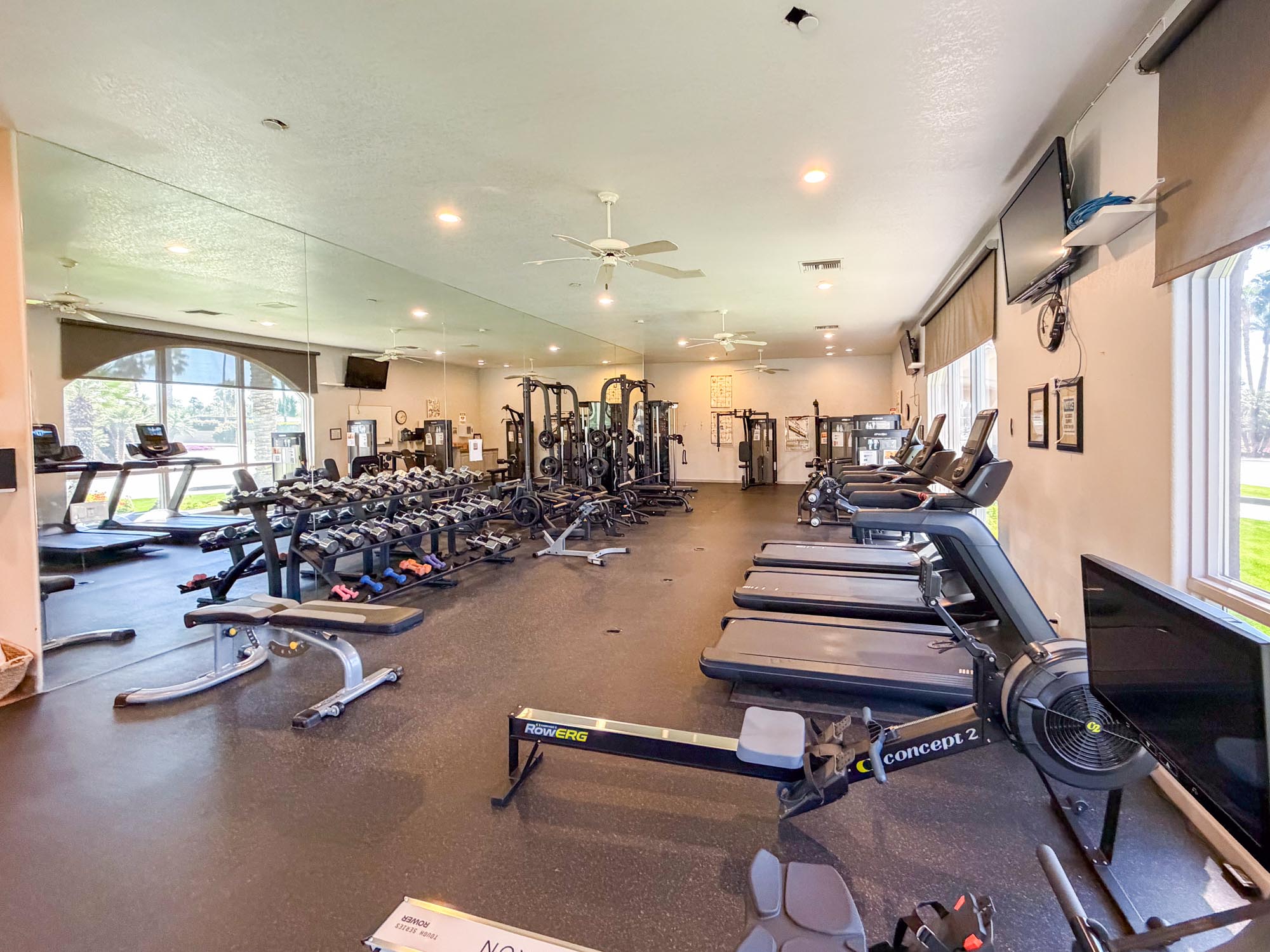 Dumbbells and various fitness equipment in the fitness center Outdoor Resort Indio