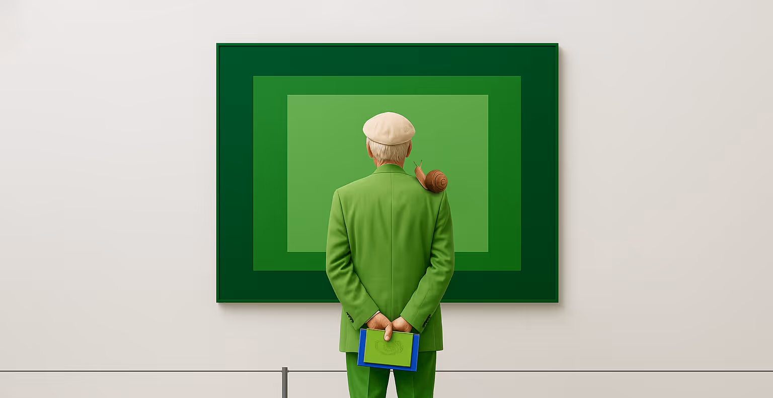 An elderly man in a green suit and beige beret stands in front of a layered green abstract artwork in a gallery, with a snail resting on his shoulder.