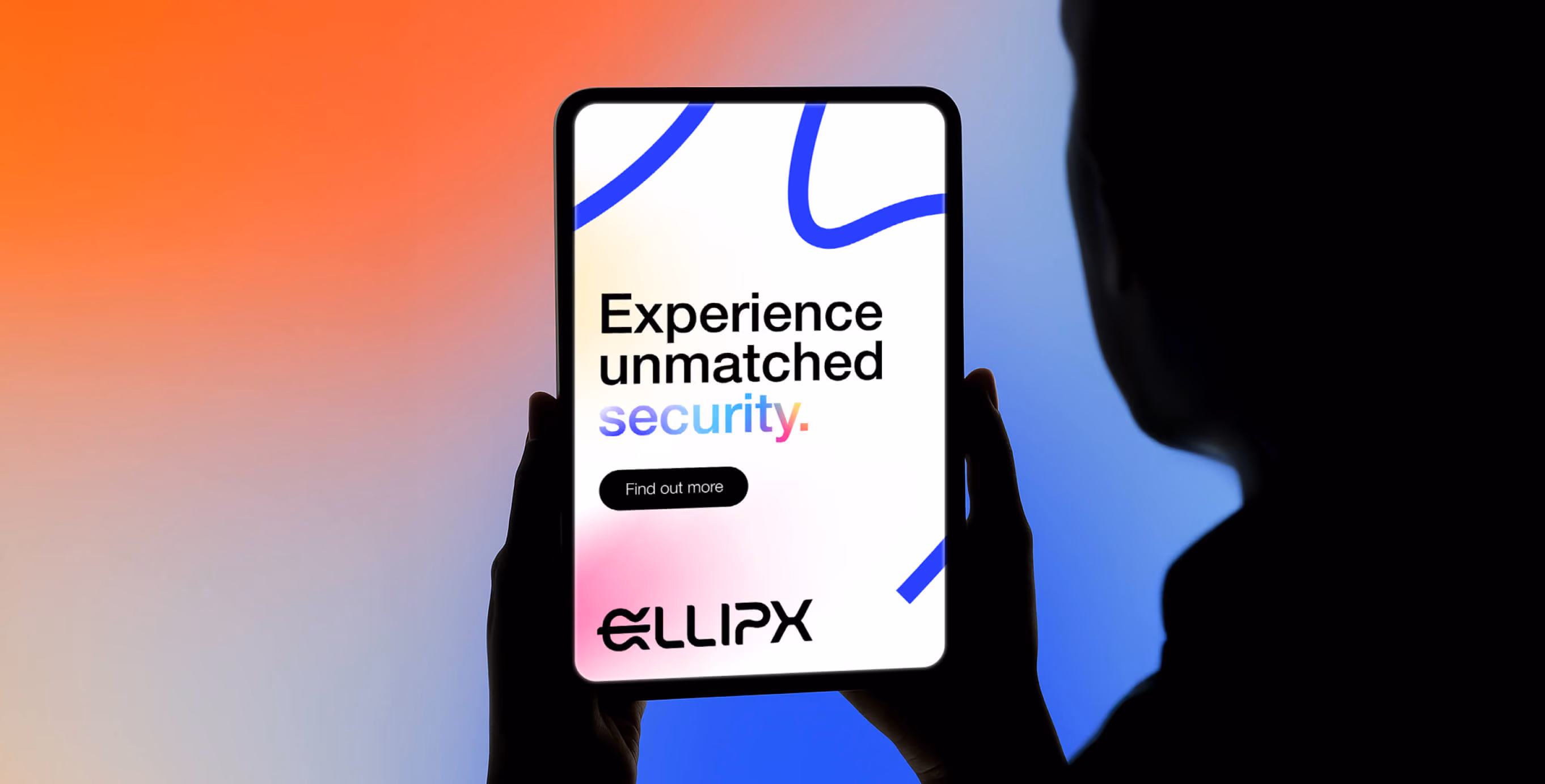 Tablet displaying an EllipX security ad with bold text on a colorful gradient background.