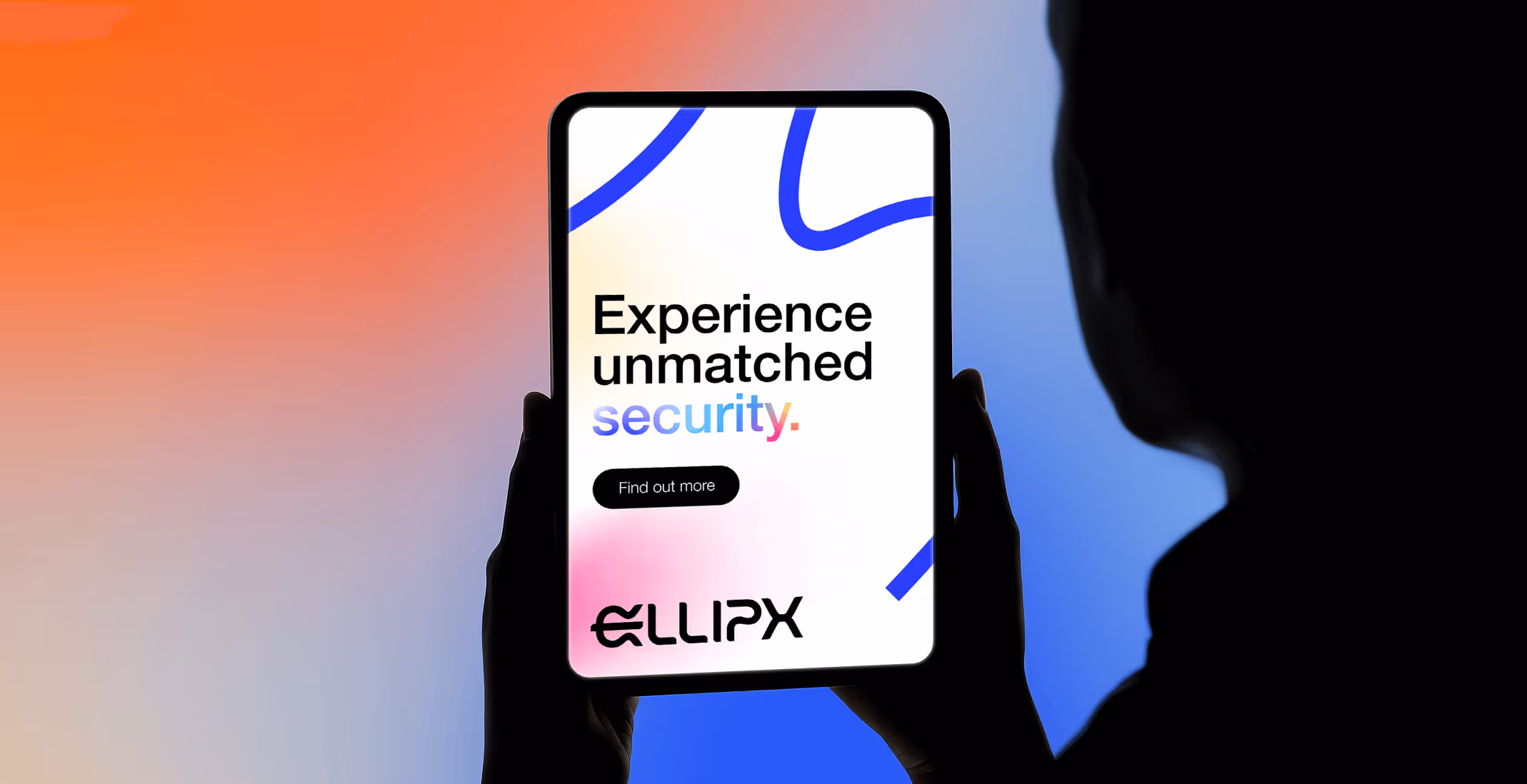 A silhouetted person holds a tablet showing an ad with the text "Experience unmatched security" on a bright, abstract gradient background.