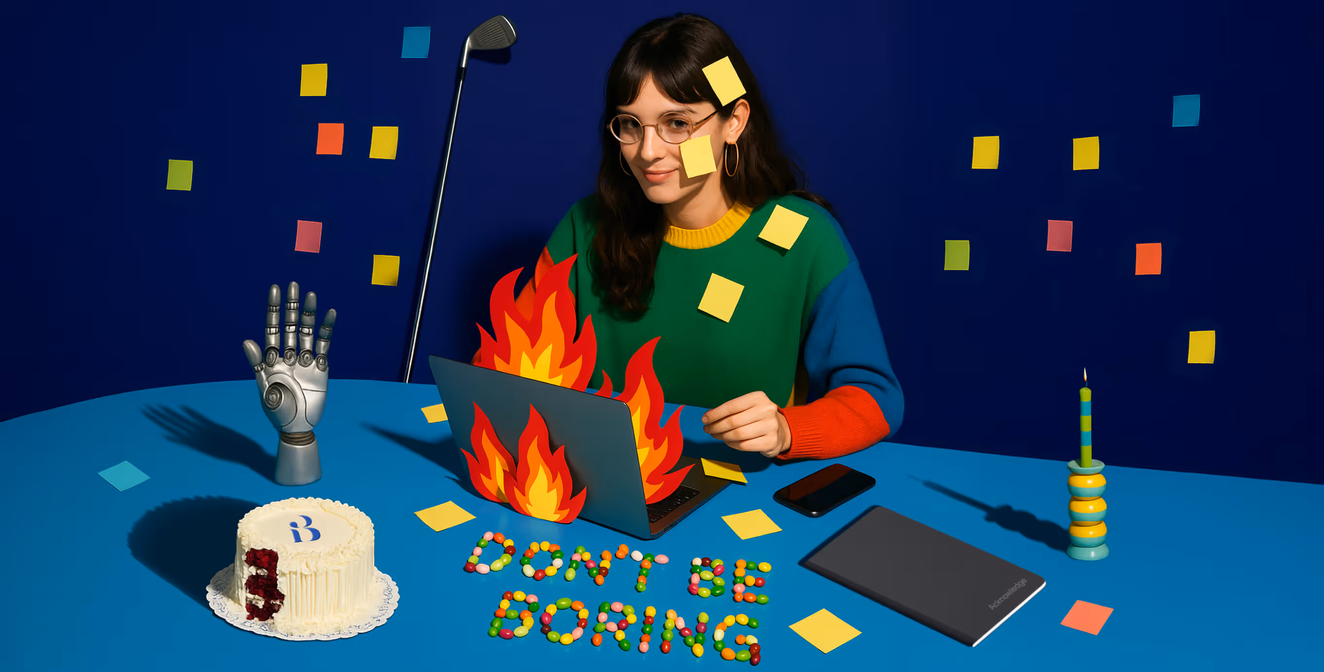 A woman at a desk with sticky notes on her face works on a laptop surrounded by colorful props, with the words “DON’T BE BORING” spelled out in candy.