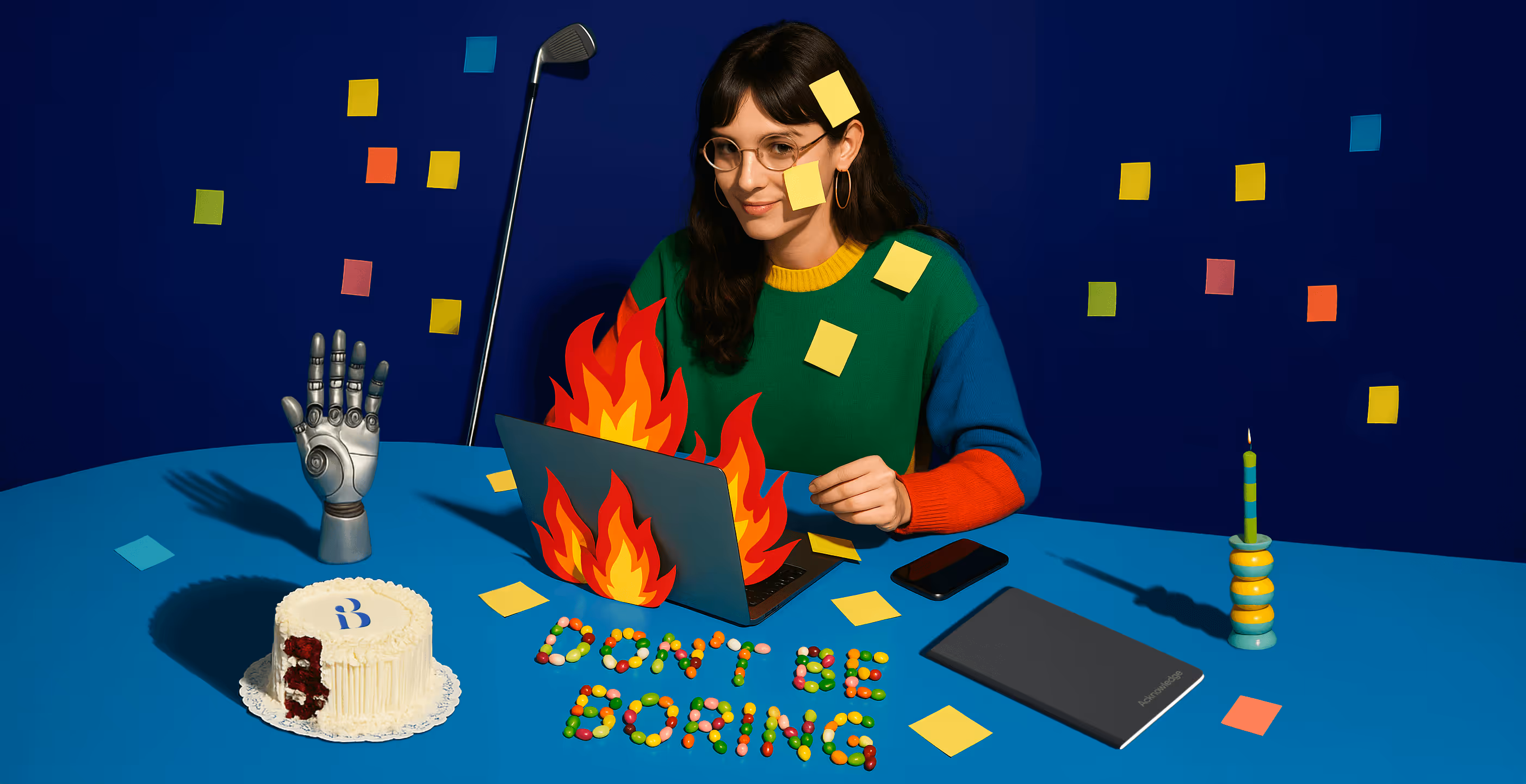A woman at a desk with sticky notes on her face works on a laptop surrounded by colorful props, with the words “DON’T BE BORING” spelled out in candy.