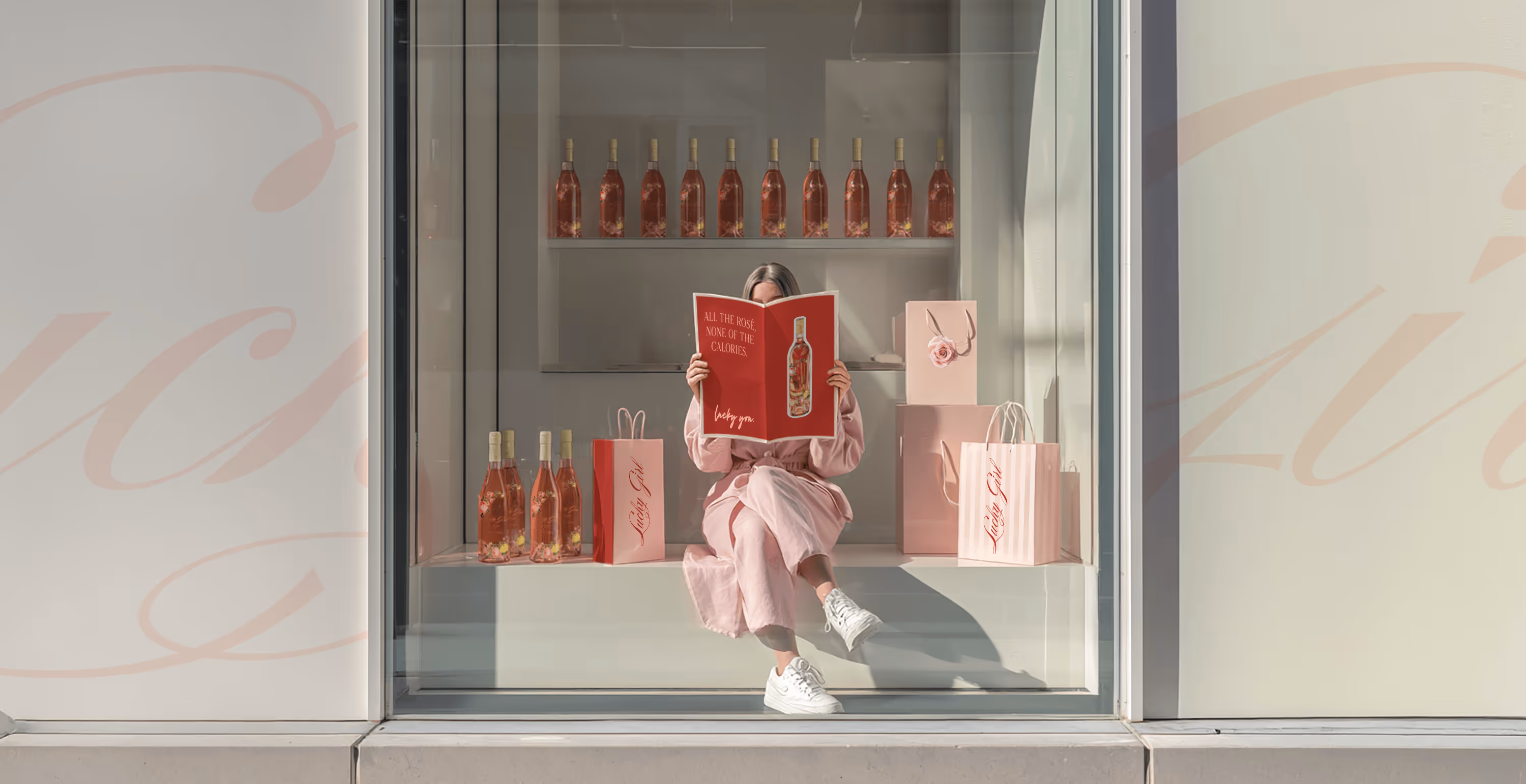 A storefront window display features a woman in pink reading a large red book with the text “All the rosé, none of the calories,” surrounded by bottles and gift bags of Lucky Girl rosé wine.