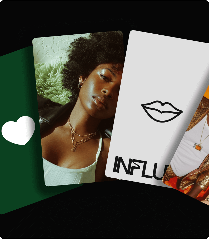 Overlapping cards featuring a woman with curly hair and layered necklaces, alongside a minimalist white card with lips icon and partial text “INFLU.”
