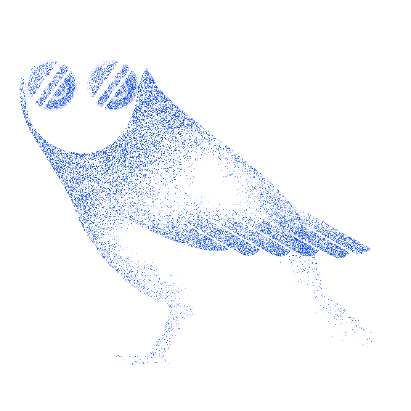 Stylized illustration of an owl with blue wings and circular glasses, drawn with fine white outlines on a black background, symbolizing wisdom and insight.