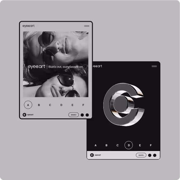 Two monochrome digital mockups for Eyecart branding, one showing a sunglasses lifestyle ad, the other featuring a bold metallic C logo.