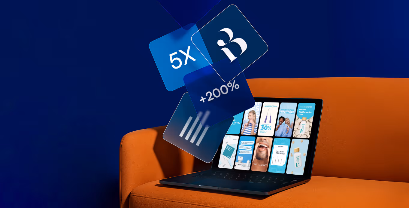 A laptop on an orange chair displays brand and product visuals, with floating blue digital icons showing "5X" and "+200%."