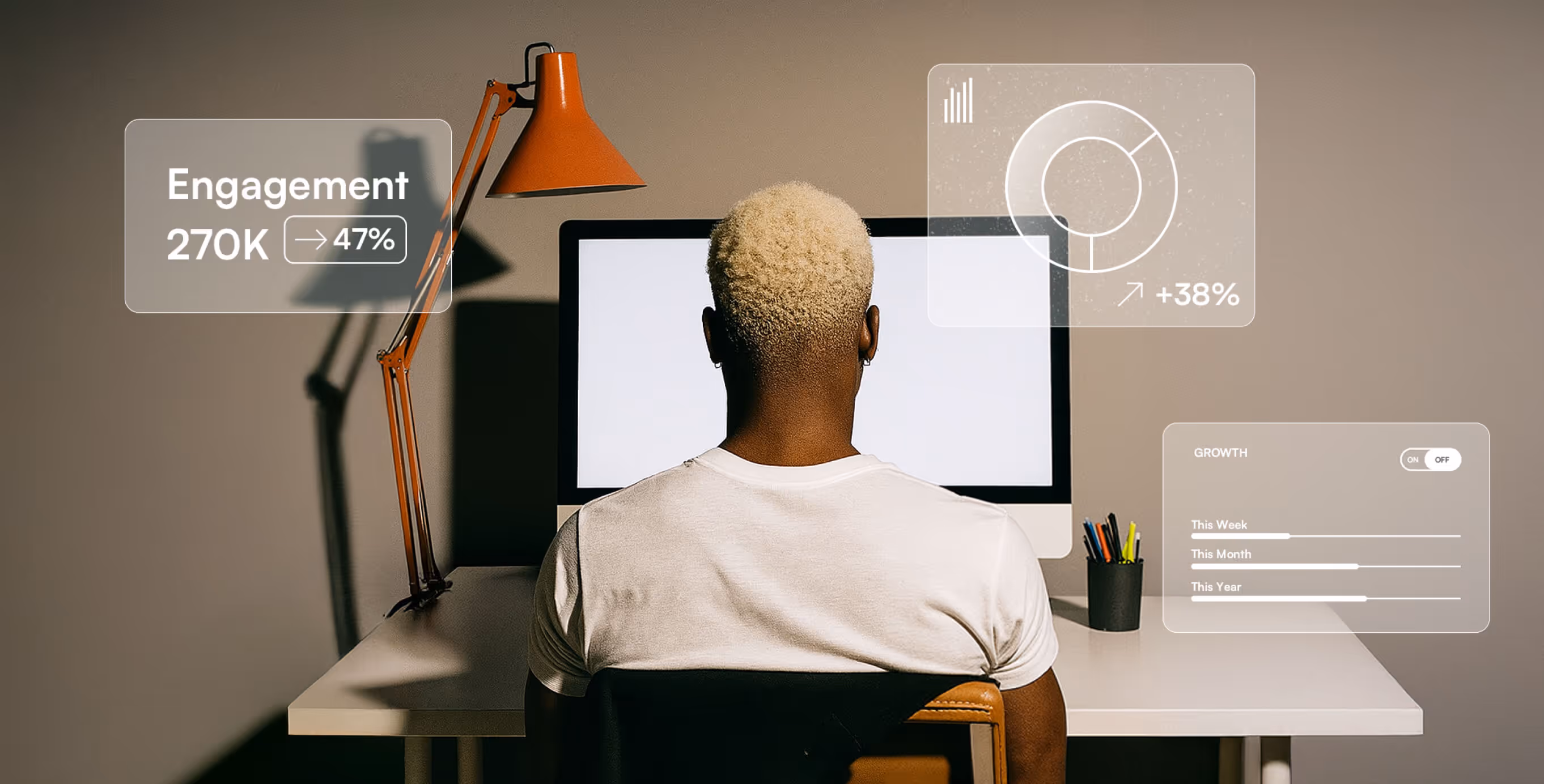 Person with bleached blonde hair sits at a desk facing a computer, surrounded by digital overlays showing engagement, growth, and performance analytics.