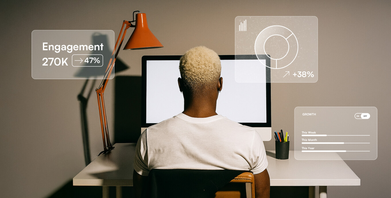 Person with bleached blonde hair sits at a desk facing a computer, surrounded by digital overlays showing engagement, growth, and performance analytics.