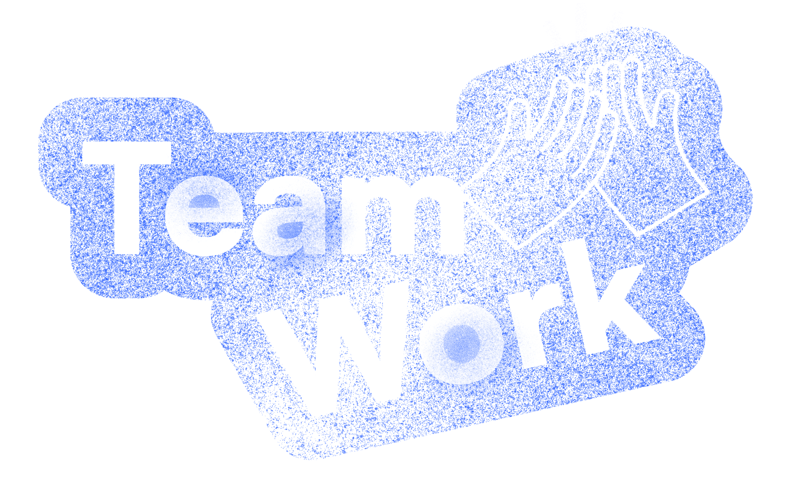 A digital sticker reading "Team Work" in bold letters with illustrated clapping hands above the text, in blue and white.