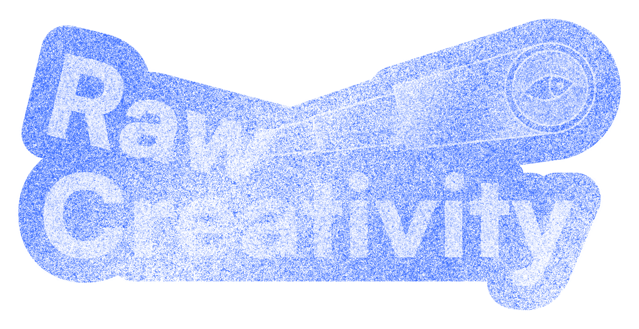 A bold digital sticker with the words "Raw Creativity" in blue and white, featuring a telescope with an eye inside the lens.
