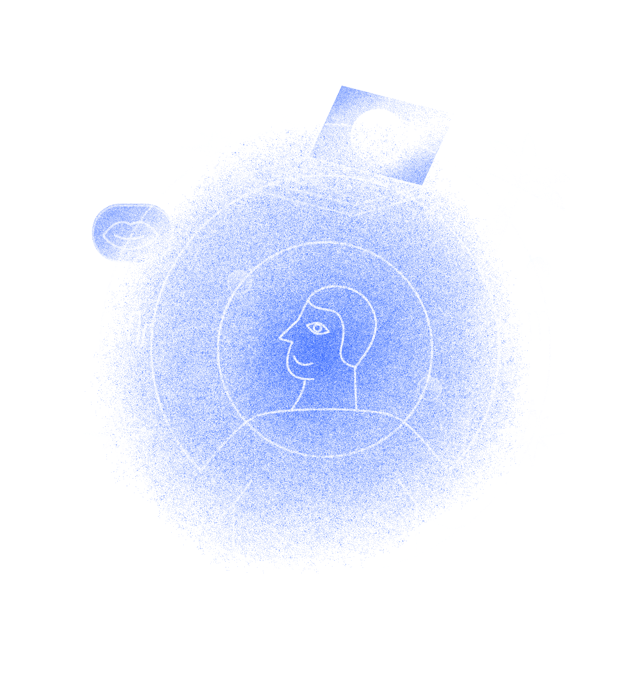 cosmic-themed line drawing of a person surrounded by orbiting icons, including a laptop, palm tree, and abstract stars, set against a blue glowing circle.