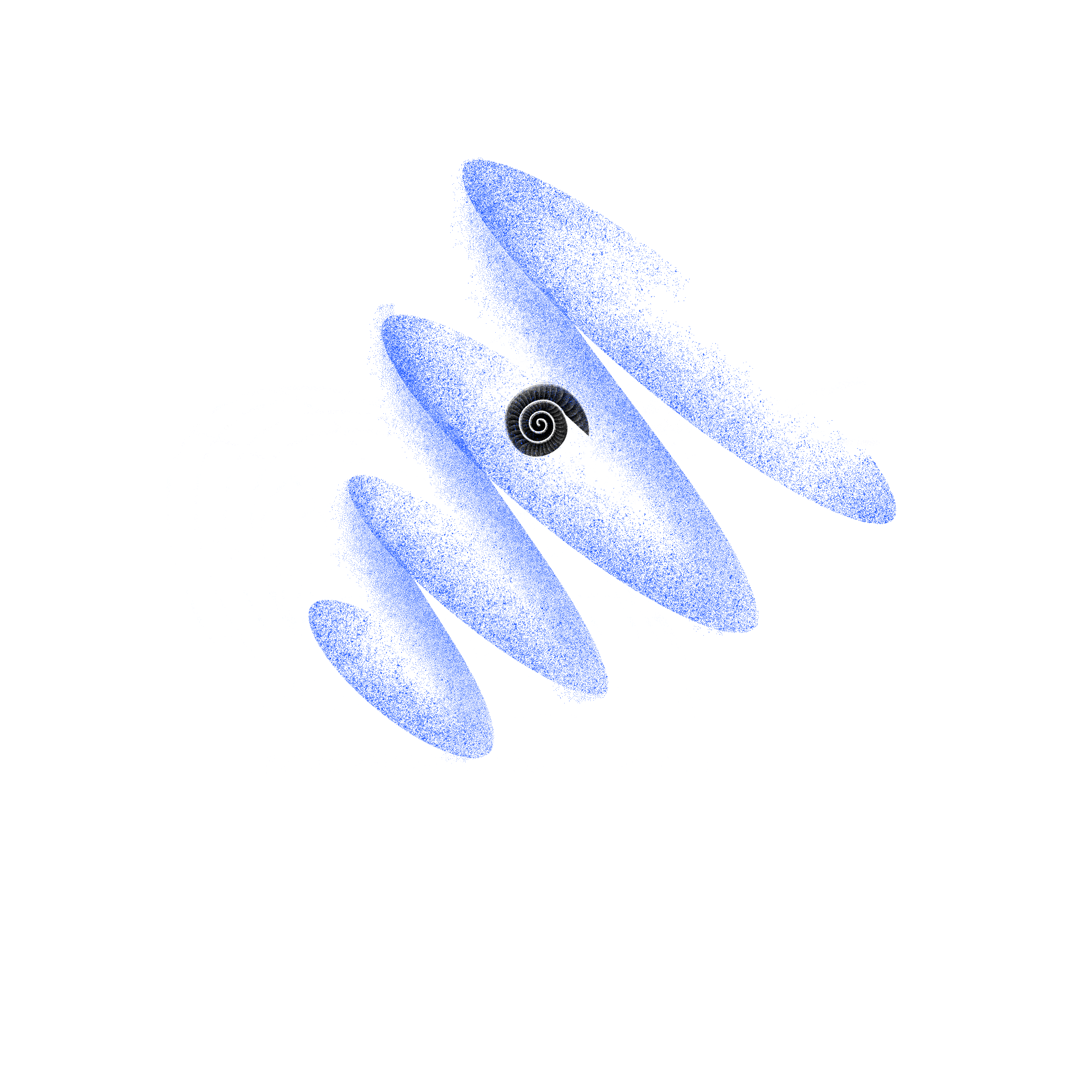 A stylized snail with a spiral shell overlaid on wireframe and blue abstract shapes, blending nature with digital design.