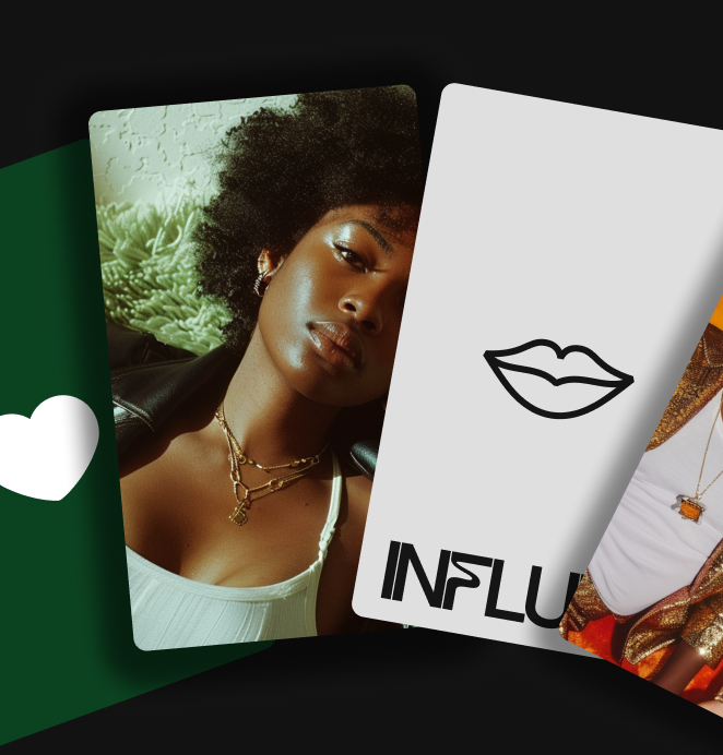Overlapping cards featuring a woman with curly hair and layered necklaces, alongside a minimalist white card with lips icon and partial text “INFLU.”