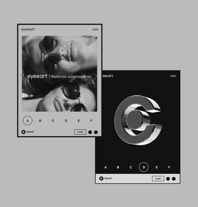 Two monochrome digital mockups for Eyecart branding, one showing a sunglasses lifestyle ad, the other featuring a bold metallic C logo.