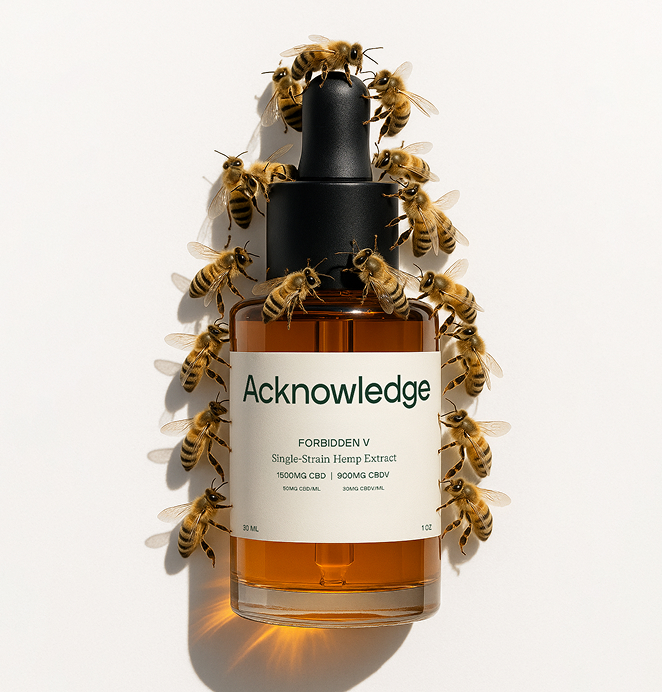 Amber glass dropper bottle of Acknowledge hemp extract surrounded by bees, emphasizing natural and organic product qualities.