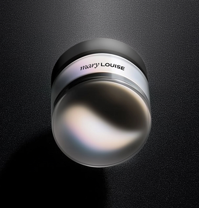 Mary Louise luxury skincare jar with a sleek silver lid and glowing, reflective surface against a textured black background.