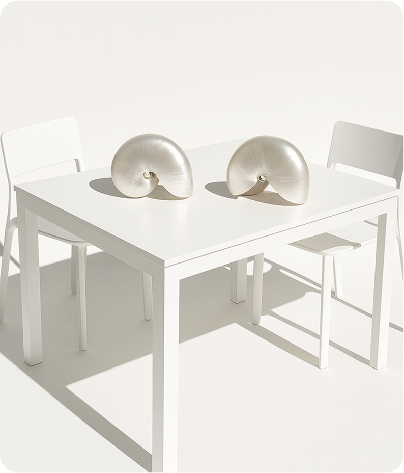 Minimalist white table with two white chairs, featuring two polished silver nautilus shell sculptures placed side by side in the center.