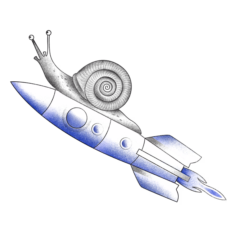 Snail riding a rocket illustration symbolizing business acceleration, startup growth, and innovation.