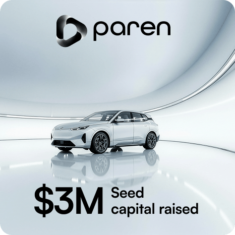 White electric vehicle displayed in a futuristic showroom environment with Paren branding and text noting $3M seed capital raised.