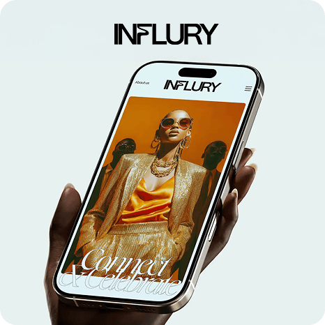 Hand holding a smartphone displaying the Influry fashion website with a model in a gold outfit and the headline “Connect & Collaborate.”