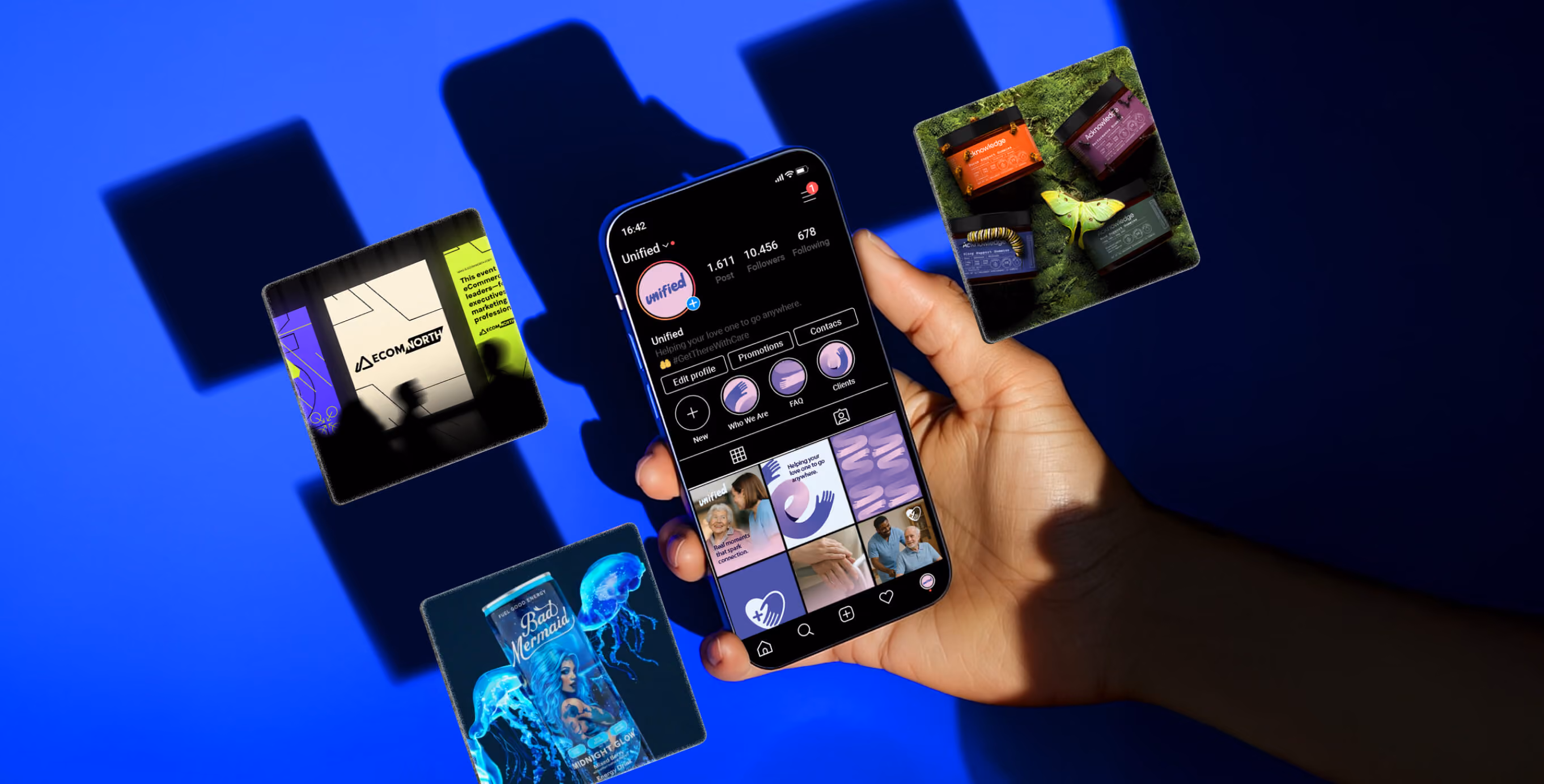 Hand holding a smartphone displaying a branded social media profile, surrounded by examples of creative campaigns and product branding.