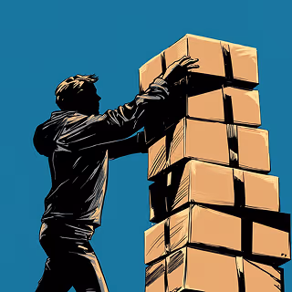 A man stacking multiple shipping boxes into a tall pile against a teal background, emphasizing the challenges of handling and organizing shipments.