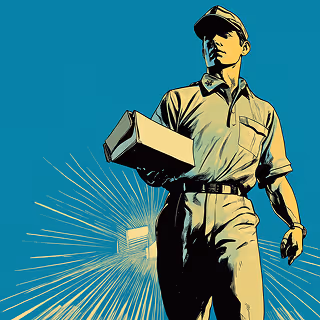 A stylized illustration of a delivery worker in a uniform confidently walking while holding a package, with a dynamic, sunburst background representing speed and efficiency.