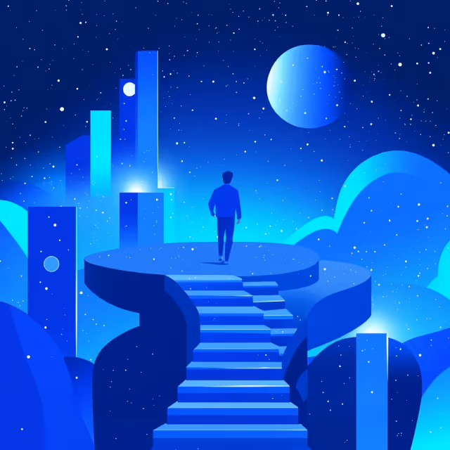 A lone figure standing on a futuristic platform with stairs leading to a glowing cityscape, set against a deep blue starry sky, conveying progress and growth.