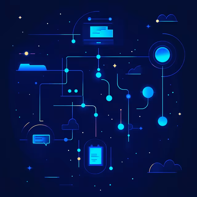 A cosmic-themed digital illustration featuring interconnected nodes, icons, and pathways, representing a digital network or data flow in a futuristic setting.