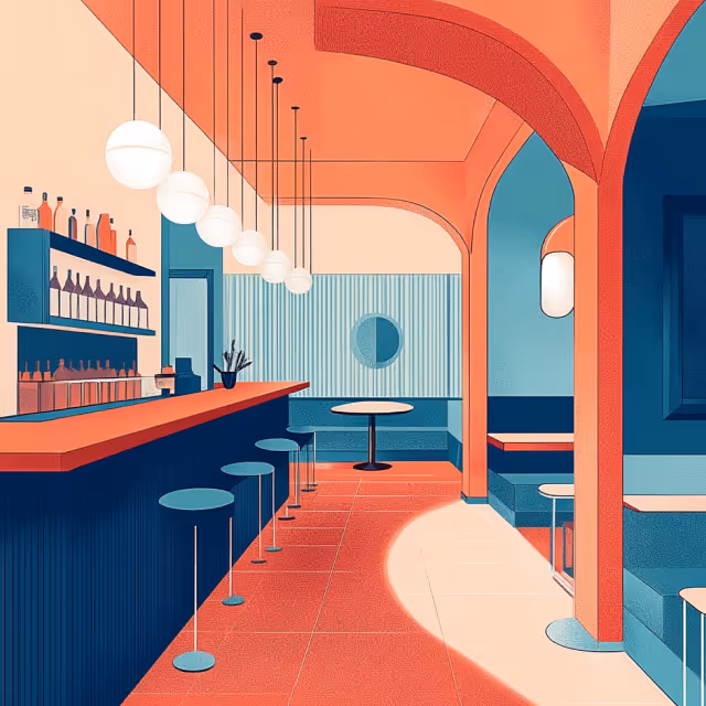 A stylish and modern bar interior with arched architecture, pendant lights, and a long counter with seating, illustrated in a warm color palette.
