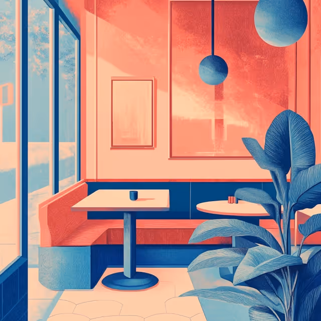 A stylized digital illustration of a cozy café interior with modern decor, featuring a booth seating area, a table, a potted plant, and soft, warm lighting.