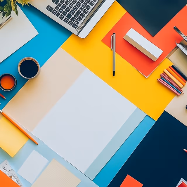 A vibrant workspace with a top-down view of a desk covered in colorful paper, stationery, a laptop, and coffee cups, symbolizing creativity and design brainstorming.