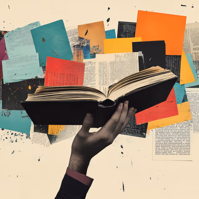 A conceptual collage of a hand holding an open book, surrounded by colorful floating pages and text fragments.
