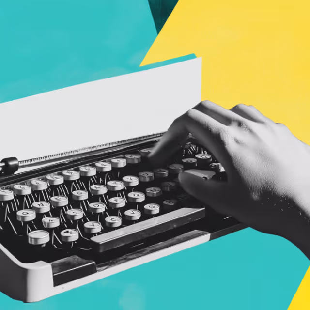 A close-up black-and-white photograph of a hand typing on a vintage typewriter, contrasted against a bright yellow and teal background.