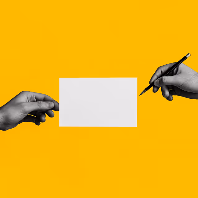 A bold graphic featuring two hands exchanging a blank white card against a vibrant yellow background, with one hand holding a pen.