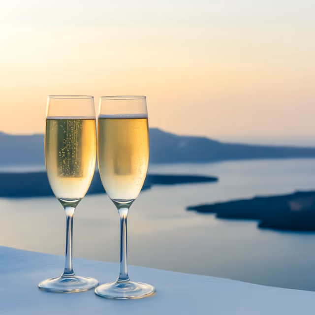 Two elegant champagne flutes filled with sparkling golden wine placed on a white surface, overlooking a scenic coastal landscape at sunset.
