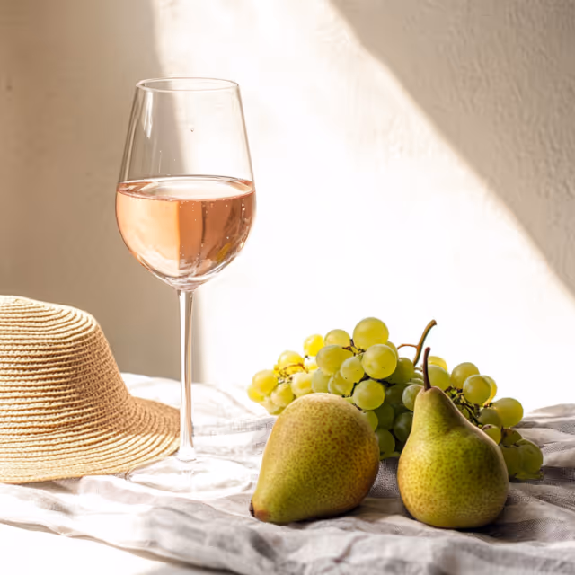 A glass of rosé wine sits on a striped cloth next to fresh green grapes, two pears, and a straw sunhat, illuminated by soft sunlight. The scene exudes a summery and relaxed atmosphere.