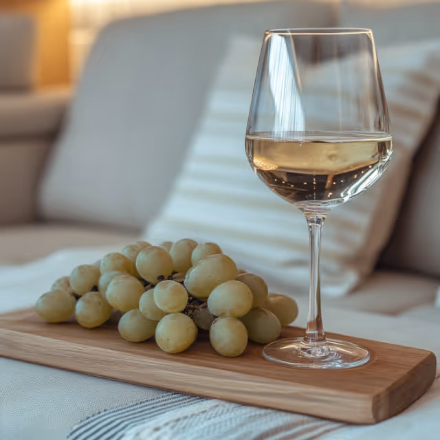 A glass of white wine placed on a wooden board with fresh green grapes, set against a cozy, neutral-toned lounge area with soft cushions.