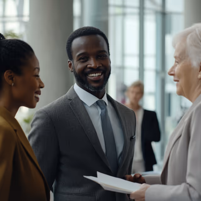 Business professionals engaged in conversation at a corporate event. A smiling man in a suit interacts with two women, representing networking, professionalism, and collaboration.