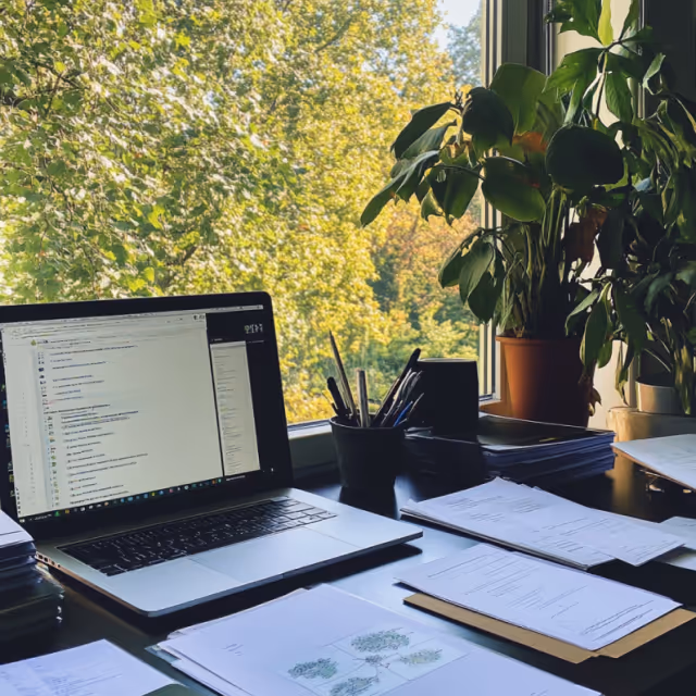 Laptop surrounded by papers and office supplies on a desk, next to a window with lush green trees outside.