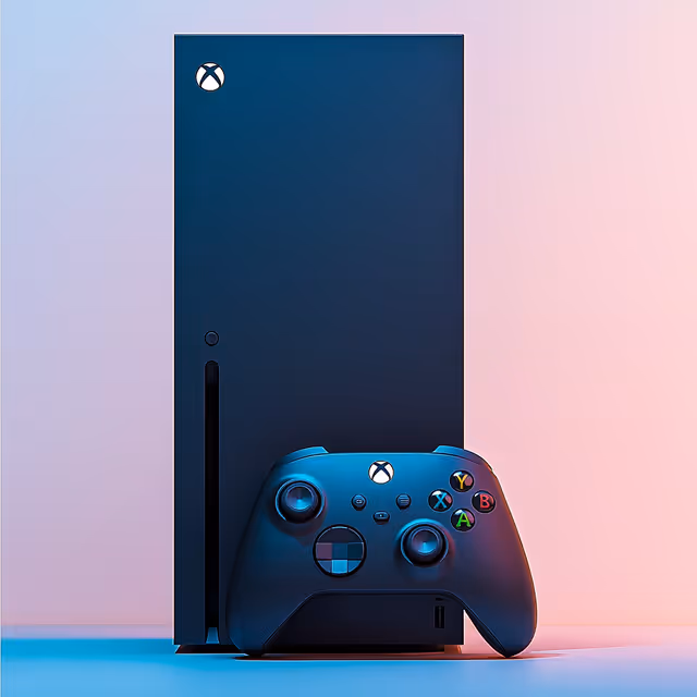A photo of a black Xbox console with a matching controller placed in front, lit by soft pink and blue lighting.