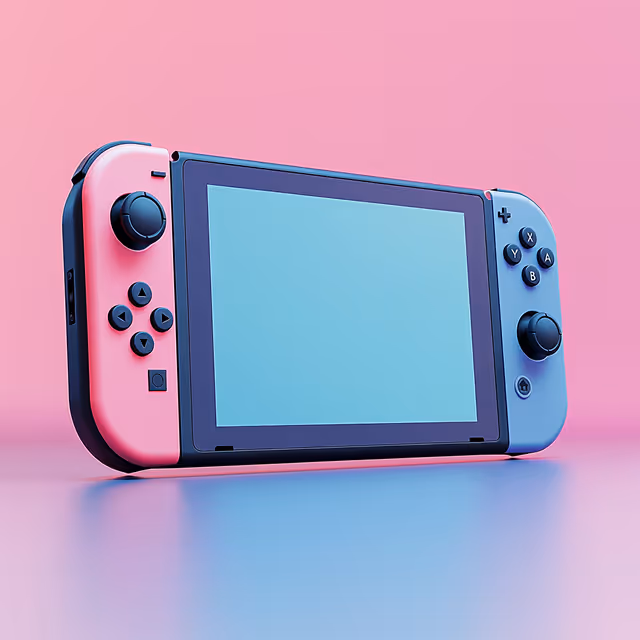 A photo of a Nintendo Switch console with neon red and blue Joy-Con controllers, placed on a reflective pastel surface.