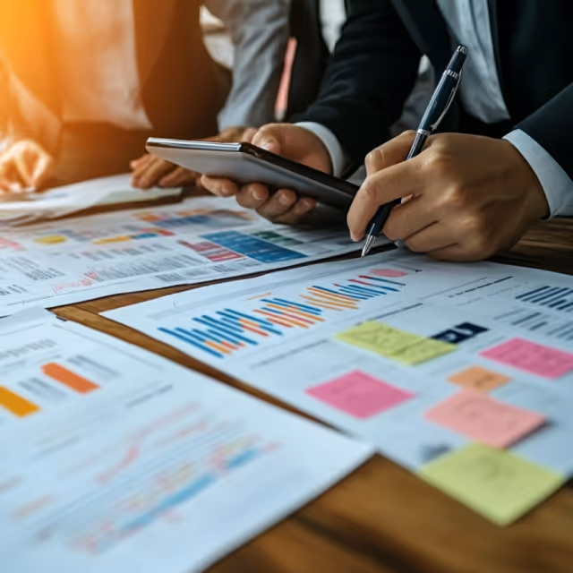 Close-up of a businessperson analyzing colorful charts and graphs on paper while holding a tablet and pen.