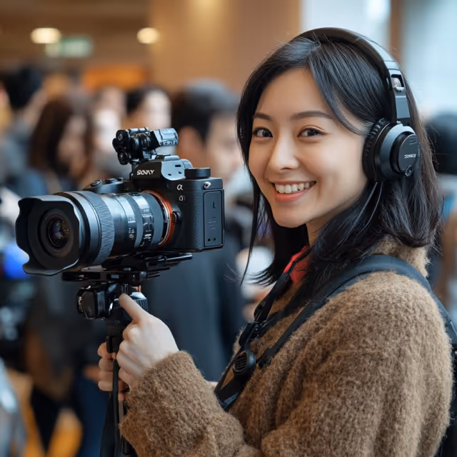A smiling woman wearing headphones holds a professional Sony camera mounted on a tripod in a busy indoor setting.